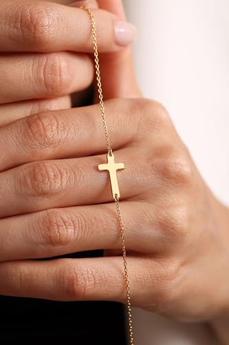 Moodear Cross Bracelet for Women, Dainty Sterling Silver/Gold Plated Gift | Christian Religious Gifts for Teen, Stocking Stuffers, Adjustable Link Bracelets, Sparkling CZ Cross, Non Tarnish Jewelry - color: Gold Cross Bracelet
