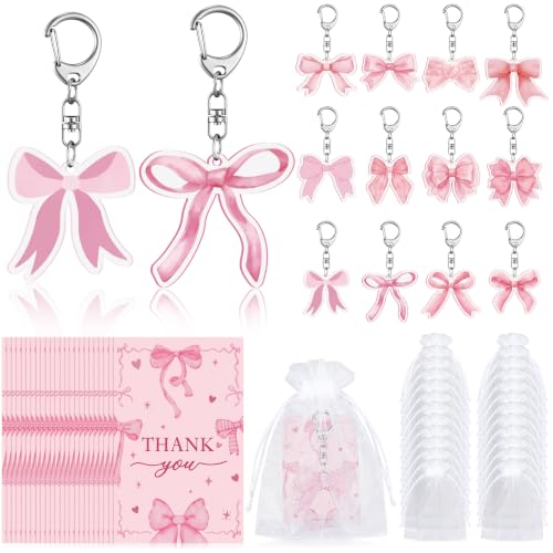 Liliaafar 72 Pcs Pink Bow Party Favors Set Acrylic Coquette Bow Keychains with Thank You Cards & Organza Bags Gifts for Bachelorette Birthday Baby Shower Party Weddings Supplies 12 Styles - style: Pink Bow