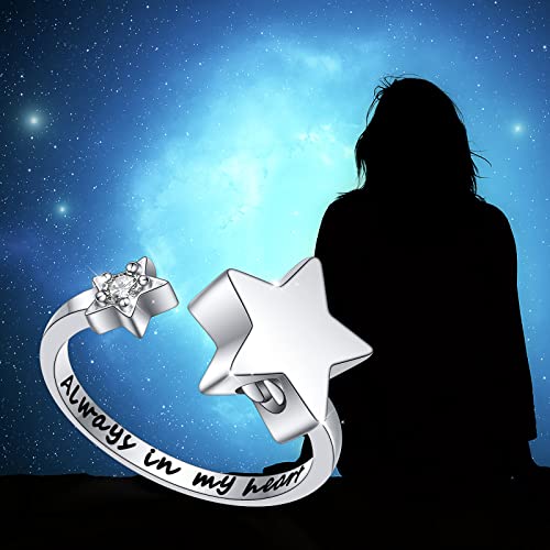 S925 Sterling Silver Star Cremation Urn Ring Always In My Heart Memorial Ashes Keepsakes Adjustable Open Thumb Finger Ring Memorial Day Jewelry for Women
