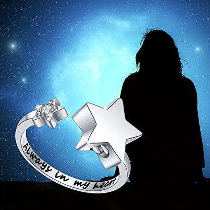 S925 Sterling Silver Star Cremation Urn Ring Always In My Heart Memorial Ashes Keepsakes Adjustable Open Thumb Finger Ring Memorial Day Jewelry for Women