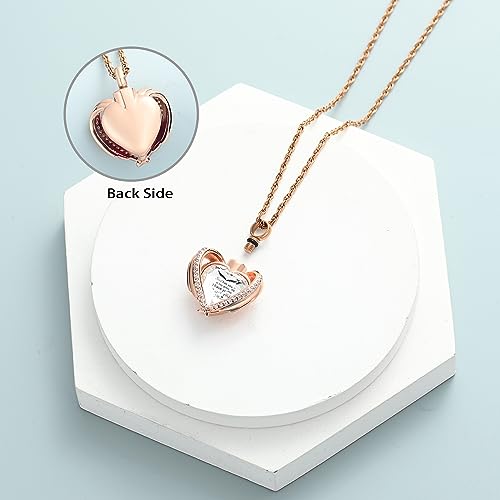 shajwo Angel Wing Heart Urn Ashes Necklace for Women Men | Cremation Jewelry,Birthstone Necklace of Loved One,Memorial Pendant for Human Pet - color: Rose Gold-White