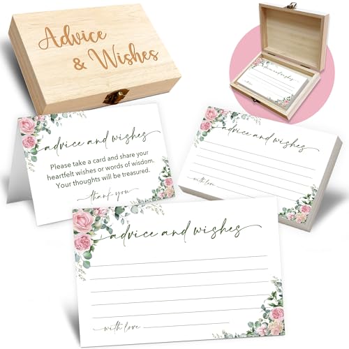 Advice and Wishes Cards Box – 50 Pcs Floral Well Wishes & Wedding Advice Cards for Bride & Groom, Baby Shower, Birthday, Graduation, Wedding Reception, Retirement -A07 - color: Floral, size: Set with Wooden Box