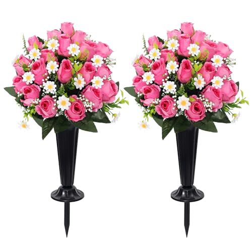 Wocst Cemetery Decorations for Grave Cemetery Silk Flowers with Vases for Outdoor Grave Decoration(Pink) - color: Pink, size: 2 Bouquet