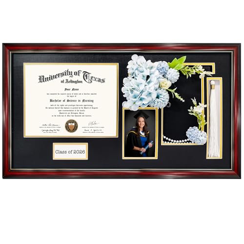 GraduationMall Class of 2026 Graduation Shadow Box Frame for 8.5x11 Diploma, 4x6 Picture with Cap & Tassel Holder, Cherry Wood Display Case with Black Gold Mat - color: Cherry / Black Gold Mat