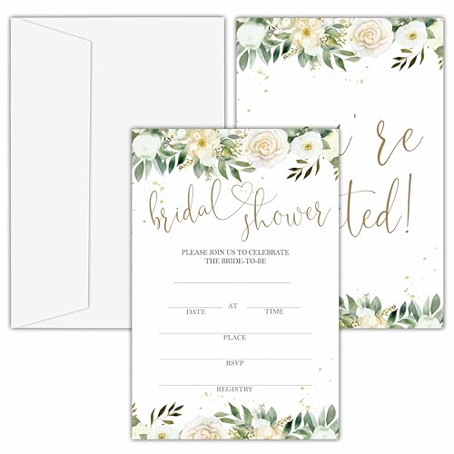 Bridal Shower Invitations, 25 Creamy Rose Invites with Envelopes for Bridal Shower Reception Engagement Party, Greenery Gold Wedding Party Cards - B15 - style: Greenery Gold