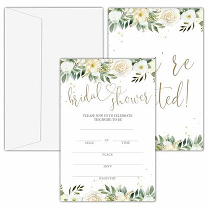 Bridal Shower Invitations, 25 Creamy Rose Invites with Envelopes for Bridal Shower Reception Engagement Party, Greenery Gold Wedding Party Cards - B15 - style: Greenery Gold