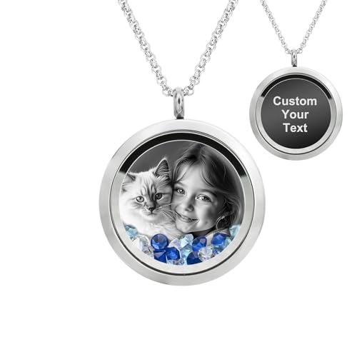Laser Engraved Personalized Photo & Text Message Floating Locket Crystals Necklace Pendant Handmade Love Note Anniversary Wedding Birthday Gift - style: Blue - Photo + Message Engraving