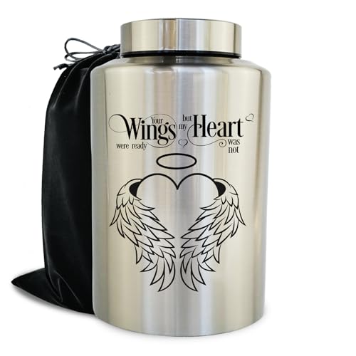 Large Cremation Urns for Human Ashes, for Adult Female & Male | 220 lbs Capacity, Stainless Steel Material, Sealing Well & Durable & Water and Moisture proof, Heart Wings Pattern, Keepsake