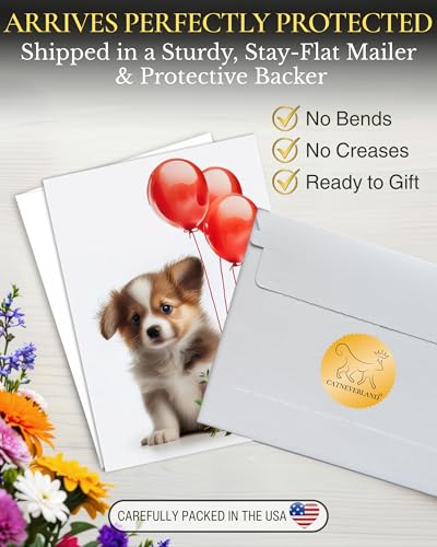 Puppy with Red Balloons and Flowers All Occasions Greeting Card from Unique Dogs Party Delights Collection Large 5x7 Inch Blank Inside with Envelope | 5x7 Inch Card, Blank Inside, Premium Silk Cardstock, Made in USA by USA-Based Pet Friendly Small Busines