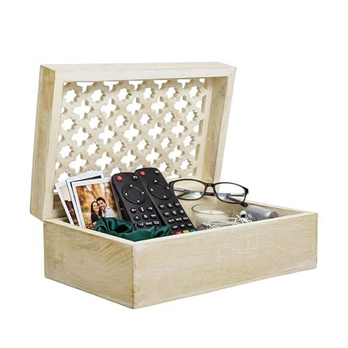 Trellis Mango Wood Storage Box - Whitewash, 9x6 in | Hand-carved wooden jewelry box designed for keeping family keepsakes, daily accessories and premium home decor accents. - color: Whitewash, size: Large