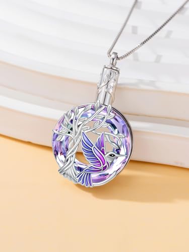 TOUPOP Butterfly Necklace for Women 925 Sterling Silver Tree of Life Butterflies Dragonfly Hummingbird Pendant Necklaces Crystal Jewelry Anniversary Christmas Birthday Gift for Her - color: Hummingbird Purple - Urn