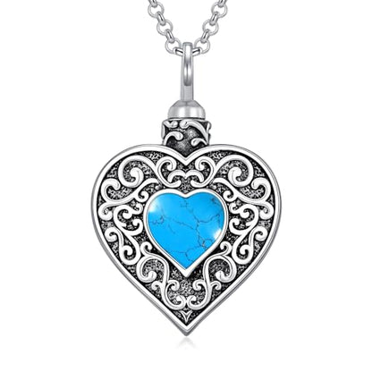 Rose & Daisy Urn Necklace - Sterling Silver Cremation Keepsake Memorial Jewelry - style: Heart Urn Necklace-Turquoise