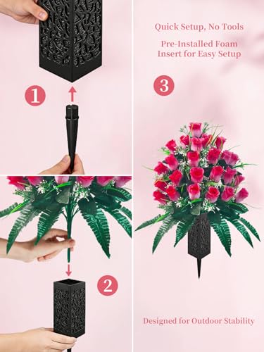Mirevielyn 2 Pack 24-Stem Artificial Rose Cemetery Flowers with Vases - color: Pink