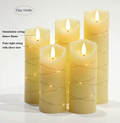 danip flameless Candle, with Embedded String Lights, 5-piece LED Candles, with 10-Key Remote Control, 24-Hour Timer Function, Dancing Flame, Real Wax, Battery-Powered. (Ivory White) - color: WhiteH#1*5