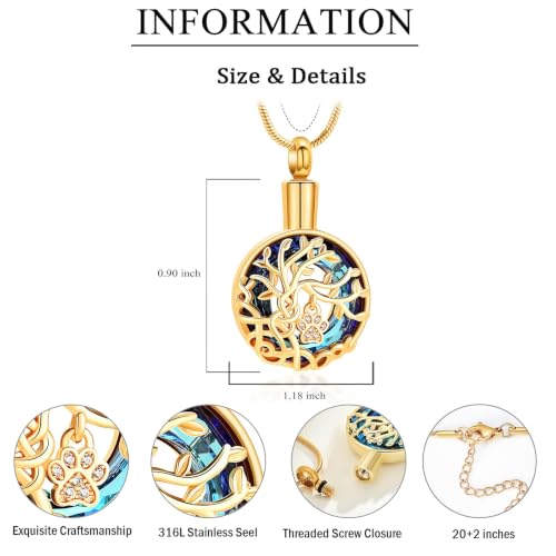 zeqingjw Pet Cremation Jewelry Tree of Life Urn Necklace for Ashes for Dog/Cat Funeral Ashes Keepsake Paw Print Urn Pendant Memorial Jewellery - color: Gold-Blue
