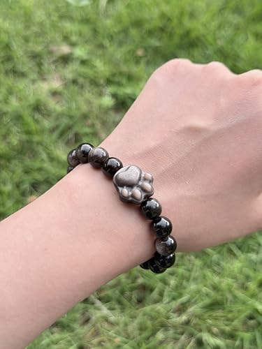 LINGYUAN Black Obsidian Cat Bracelet, Natural Stone Beaded Bracelet for Protection Luck and Energy Balance, Handmade Healing Crystal Jewelry Gift for Women and Men - color: cat paw