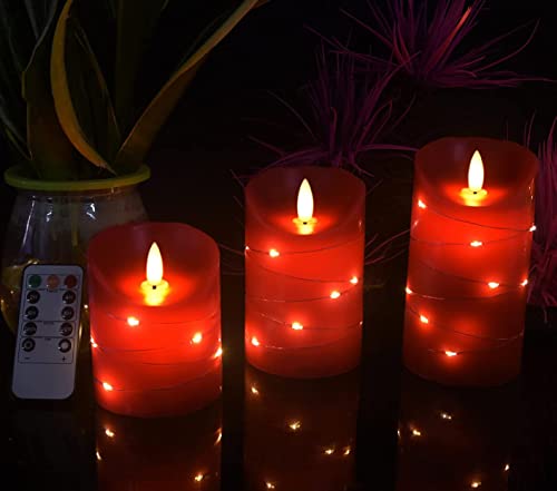 danip red LED flameless Candle with Embedded Star String, 3-Piece Set of LED Candles, with 11 Button Remote Control, 24-Hour Timer Function, Dancing Flames, Real Wax, Battery Powered. (Red) - color: redX#1*3N#1*3