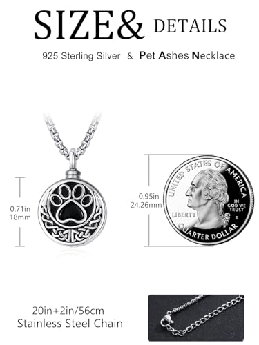 TANGPOET Paw Print Urn Necklace For Pet Ashes, Dog Cat Ashes Necklace for Men Women, 925 Sterling Silver Cremation Keepsake Memorial Jewelry Gifts - style: Round