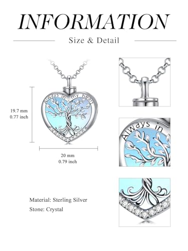 TOUPOP Tree of Life Urn Necklaces for Ashes 925 Sterling Silver Heart Cremation Jewelry Memorial Keepsake Jewelry with Funnel Filler for Women Men - color: A-Heart Tree of Life-Moonstone