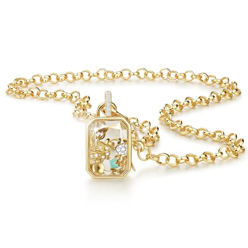 Locket Necklace for Women that Hold Floating Living Memory | Gold Plated Rectangle Glass Floating Locket Necklace DIY Removable Charms Memory Pendant Jewelry Sentimental Gifts For Lovers