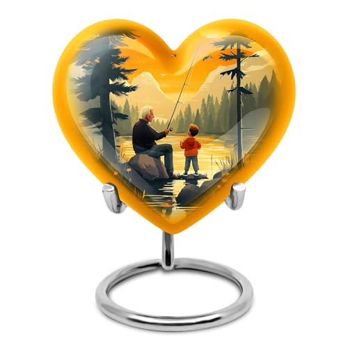 Fisherman Mini Ashes Holder for Adults - Tiny Keepsake Cremation Urns - Heart Small Human Ash Container - Fishing Burial Urns for Human Ashes Husband - Decorative Funeral Memorial Urn 3 Inch | small burial urns for adult human ashes - adult size cremation