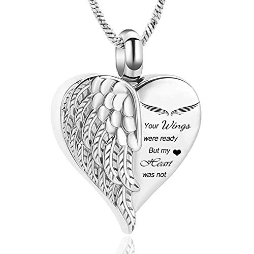 Yinplsmemory Love Heart Urn Necklace for Ashes Keepsake Memorial Cremation Jewelry Stainless Steel Angel Wing Heart Urn Locket Ashes Holder Memorial Urn Jewelry for Human/Pet Ashes - color: Silver