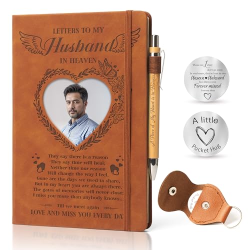 Memorial Gifts for Loss of Husband - Letters to My Husband in Heaven Grief Journal & Pen 3Pcs Set, Leather A5 Notebook With Photo Cover, Sympathy Bereavement Gifts for Widow, Loss of Spouse Memorial Gift Set - style: Husband