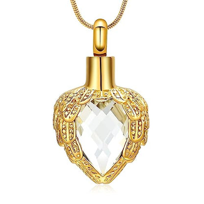 memorial jewelry Gold Angel Wings Glass Heart Urn Pet/Human Cremation Pendant Necklace Jewelry for Ashes - color: White