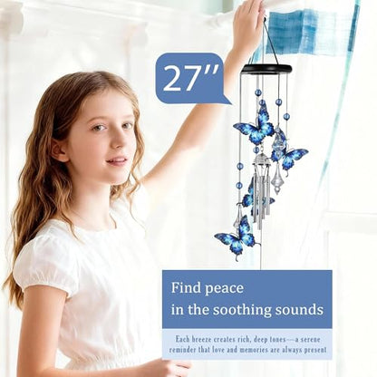 YU FENG Butterfly Memorial Wind Chime, Crystal Suncatcher Outdoor Decor | 27 Inch Metal Hanging Chime, Blue Butterfly Design, Sympathy Remembrance Gift, Garden Yard Patio Decoration - style: Blue Garden – Butterfly – 27 Inch