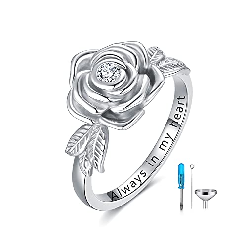 925 Sterling Silver Rose Flower Cremation Urn Ring Holds Loved Ones Ashes Cremation Keepsake Ring Jewelry Embellished with Crystals from Austria - color: Silver-Always in my heart
