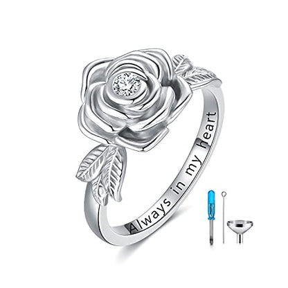 925 Sterling Silver Rose Flower Cremation Urn Ring Holds Loved Ones Ashes Cremation Keepsake Ring Jewelry Embellished with Crystals from Austria - color: Silver-Always in my heart