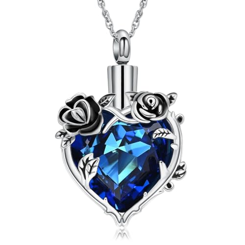 shajwo Cremation Jewelry Rose Flower Heart Urn Necklaces for Ashes for Women Memorial Human Ashes Pendant - color: Blue
