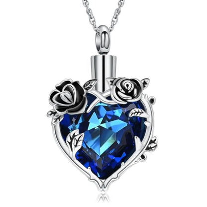 shajwo Cremation Jewelry Rose Flower Heart Urn Necklaces for Ashes for Women Memorial Human Ashes Pendant - color: Blue