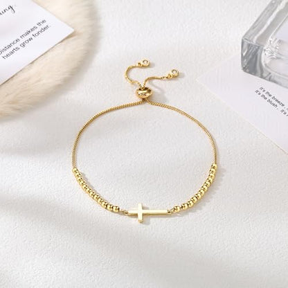 Moodear Cross Bracelet for Women, Dainty Sterling Silver/Gold Plated Gift | Christian Religious Gifts for Teen, Stocking Stuffers, Adjustable Link Bracelets, Sparkling CZ Cross, Non Tarnish Jewelry - color: Bead Gold Cross Bracelet