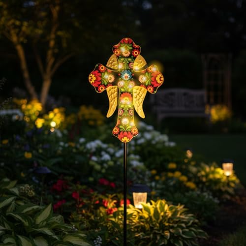 Solar Cross Lights with Angel Wings, Pink and Gold Floral Design, Memorial Garden Stake, Warm White LED, Weather Resistant, 36 Inch - color: Pink and Gold Floral