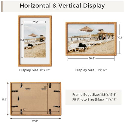 Heimlove 11x17 Picture Frames Natural Teak,Original Wood Hand Make Crafted Diploma Frame with Mat to 8x12 Graduation Picture Display,Family Picture,Wedding Picture,Photo,Certificate Wall Mounted - color: Natural Teak, size: 11"x17"|mat to 8"x12"
