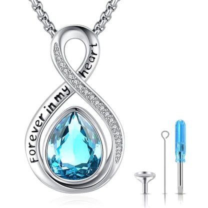 Eusense Cremation Jewelry for Ashes Urn Necklace to Put Ashes In 925 Sterling Silver Memorial Pendant Tree of Life Infinity Urn Necklaces for Ashes Necklace for Women Men - style: F-Infinity Urn-03-Mar.-Aquamarine