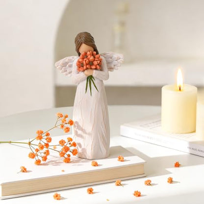 Guardian Angel Figurines Holding Red-Orange Flowers | Sculpted Hand-Painted Resin Angels Statue Gifts of Hope & Emotional Renewal, Home Decor Ornament, Mother's Day - style: Red-Orange Flowers