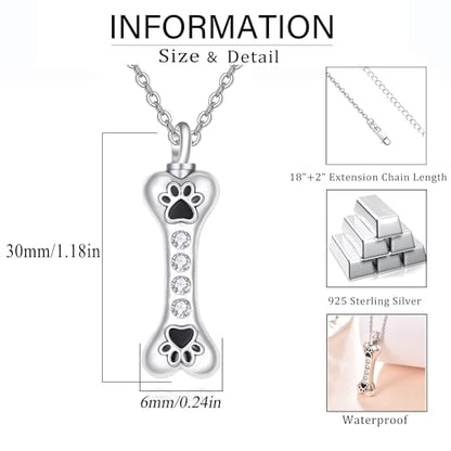 Dreamboat Pet Cremation Urn Necklaces for Dog Cat Ashes 925 Sterling Silver Paw Print Keepsake Pendant Memorial Jewelry Gifts for Women Men - style: 01F-Bone Vial