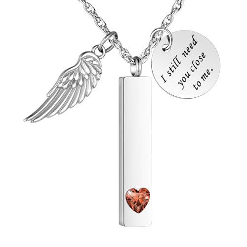 XIUDA Cremation Jewelry for Ashes with Angel Wing Charm Vertical Bar Urn Necklace Stainless Steel Memorial Keepsake Pendant for Women - color: Deep Red