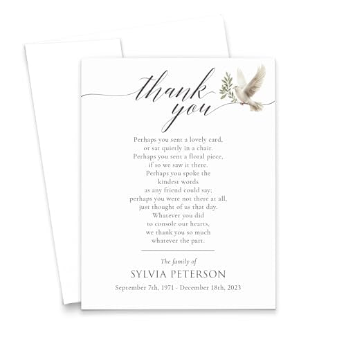 Modern Pink Paper Funeral Thank You Cards With Dove, FLAT Elegant Sympathy Cards With Envelopes, Bereavement Thank You Notes With Birds, Celebration of Life Notecards, Your Choice of Quantity & Color - color: Dove