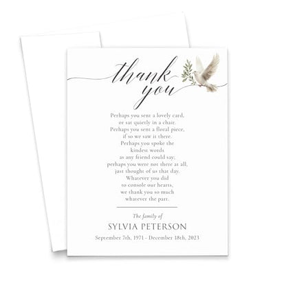 Modern Pink Paper Funeral Thank You Cards With Dove, FLAT Elegant Sympathy Cards With Envelopes, Bereavement Thank You Notes With Birds, Celebration of Life Notecards, Your Choice of Quantity & Color - color: Dove