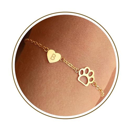 Dog Memorial Gifts for Loss of Dog Paw Initial Bracelet for Women with Heart Dogs Mom Gifts Adjustable Pet Paw Gold Bracelets for Women Memorial Gift for Pet Lover Birthday Jewelry - style: B