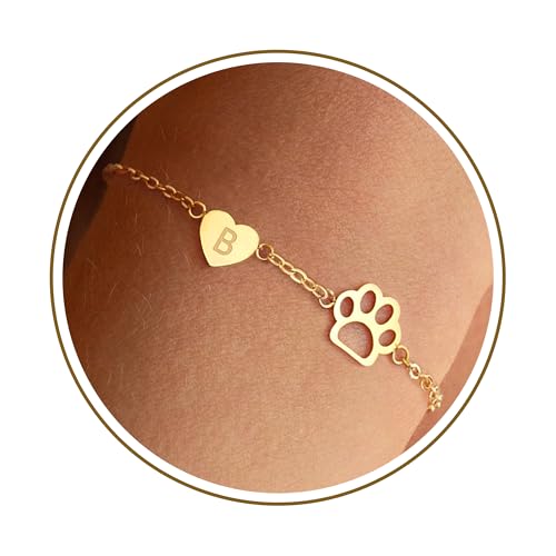 Dog Memorial Gifts for Loss of Dog Paw Initial Bracelet for Women with Heart Dogs Mom Gifts Adjustable Pet Paw Gold Bracelets for Women Memorial Gift for Pet Lover Birthday Jewelry - style: B