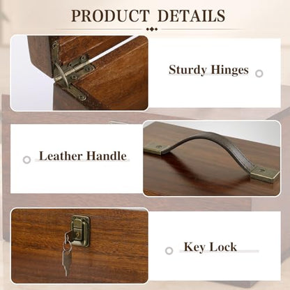 Wooden Keepsake Box, Walnut Large Memory Box with Hinged Lid & Locking Key