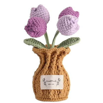 Tulip Crochet Flower Potted Plant Handmade Desk Decor Gift - color: D-tulip-purple