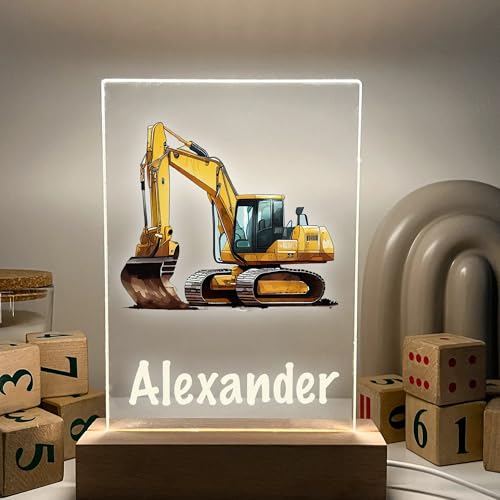 MIRROR MANIA Custom Personalized LED Wood Stand Night Light Up Desk Table Lamp Boys Room Decor Construction Truck Excavator Tractor Heavy Equipment Themed Gift Made in America.