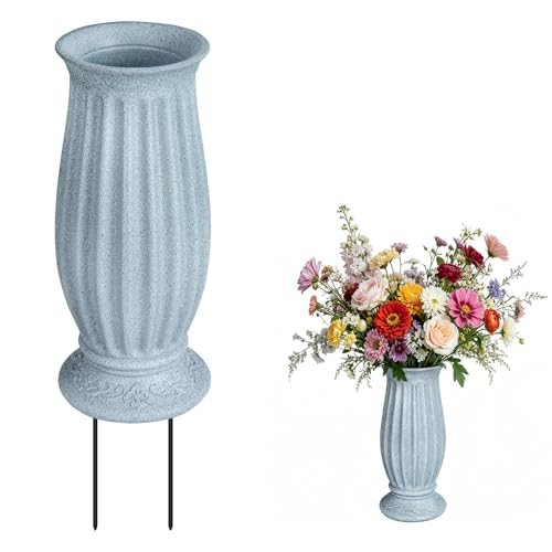 Large Cemetery Vase with Metal Spikes, Resin Flower Holder with Drainage Hole, Memorial Grave Vase for Artificial Flowers Cemetery Headstone Grave Decorations (Roman Column)