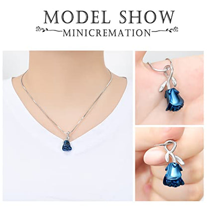 Rose Flower Cremation Urn Necklace for Ashes Stainless Steel Memorial Cremation Ash Jewelry Keepsake Pendant Necklace for Women Girl - color: Blue