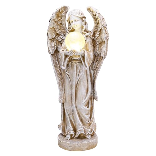 TERESA'S COLLECTIONS Angel Garden Solar Resin Fairy Glass Ball Statue 7.1" | Solar angel statue with wing & glowing glass ball | Outdoor resin decor for garden, yard, lawn | Great gift for any occasion - size: Medium